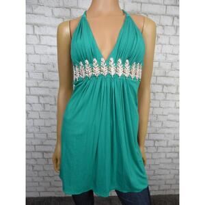 $178 Sky Brand Green Feather Embellished Vneck Tunic Top XS NEW